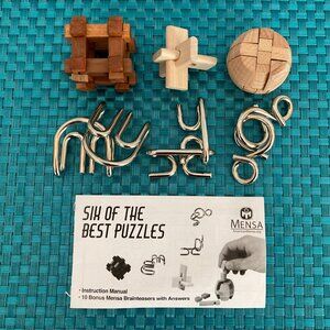 Mensa Brain-Teaser Puzzles Wood and Metal  6 Piece Set